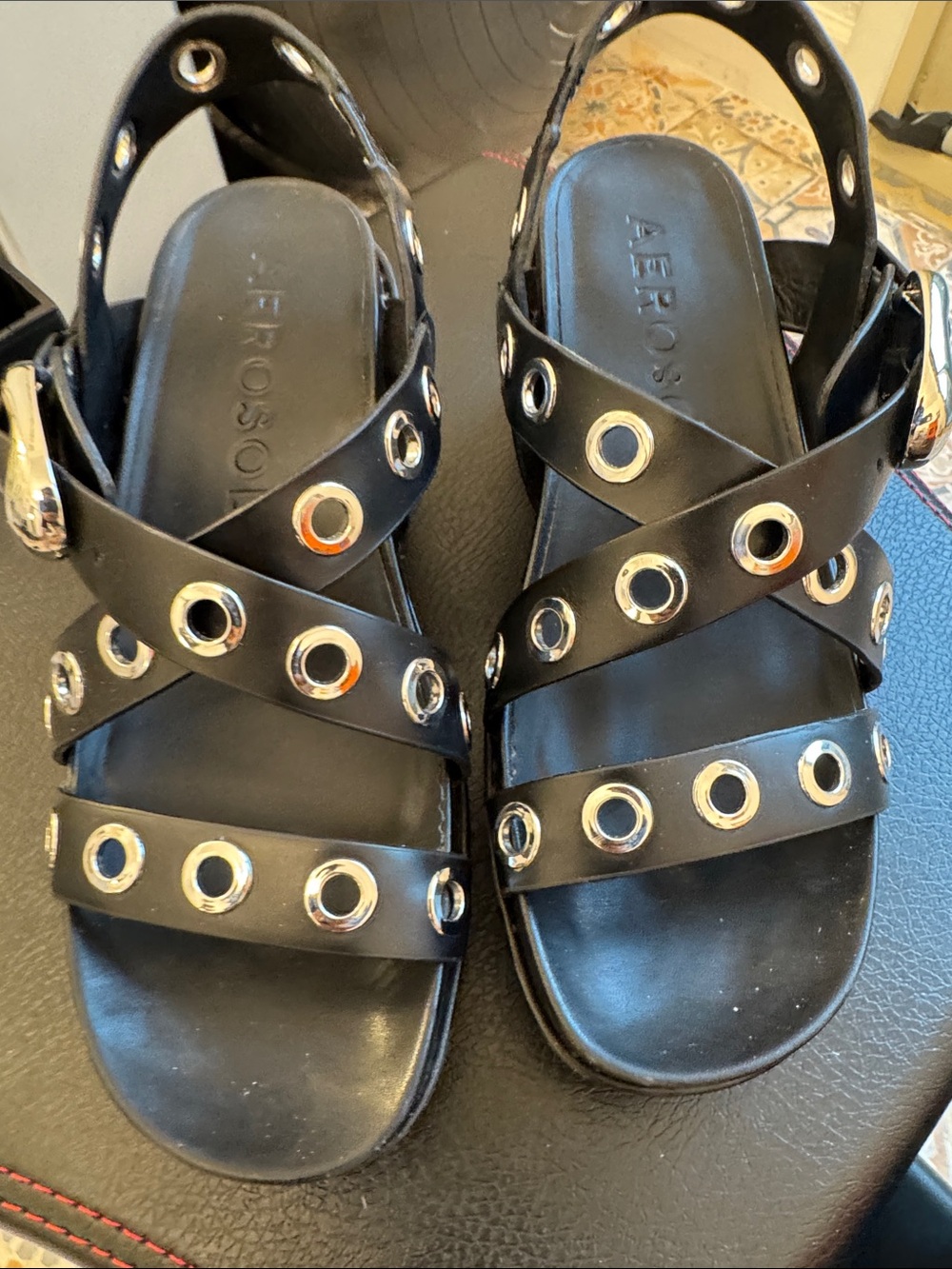 AEROSOLES Black Leather Grommet Strap Sandals.  Needs polish but lots of life!